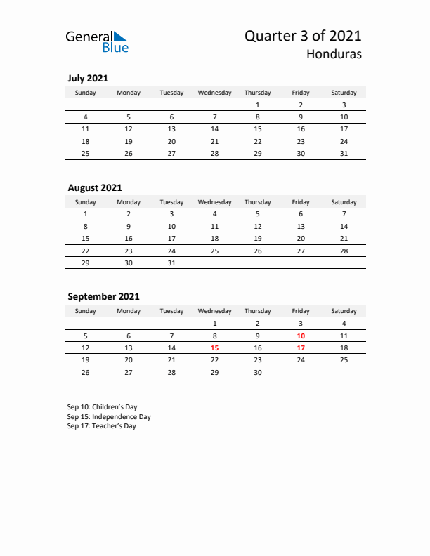2021 Three-Month Calendar for Honduras
