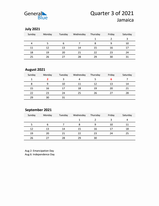 2021 Three-Month Calendar for Jamaica