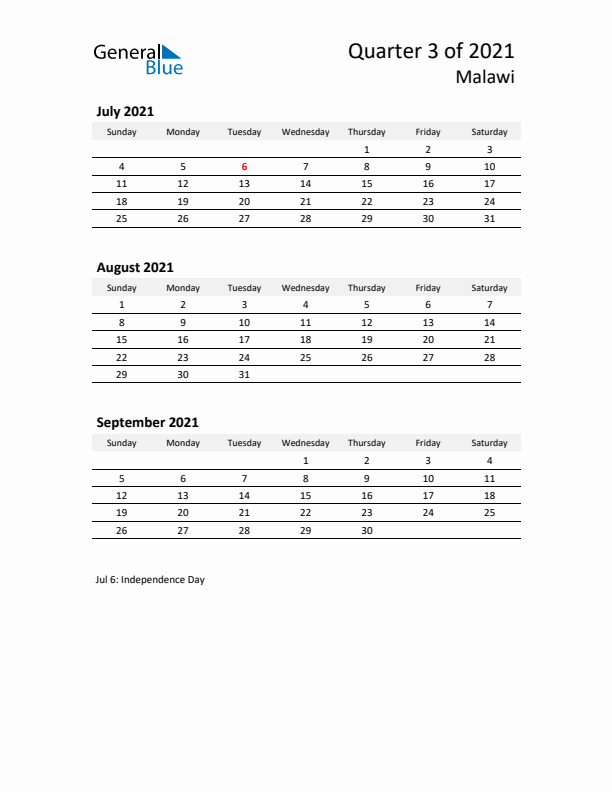 2021 Three-Month Calendar for Malawi