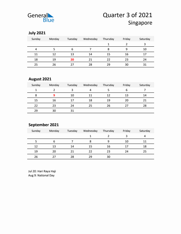 2021 Three-Month Calendar for Singapore