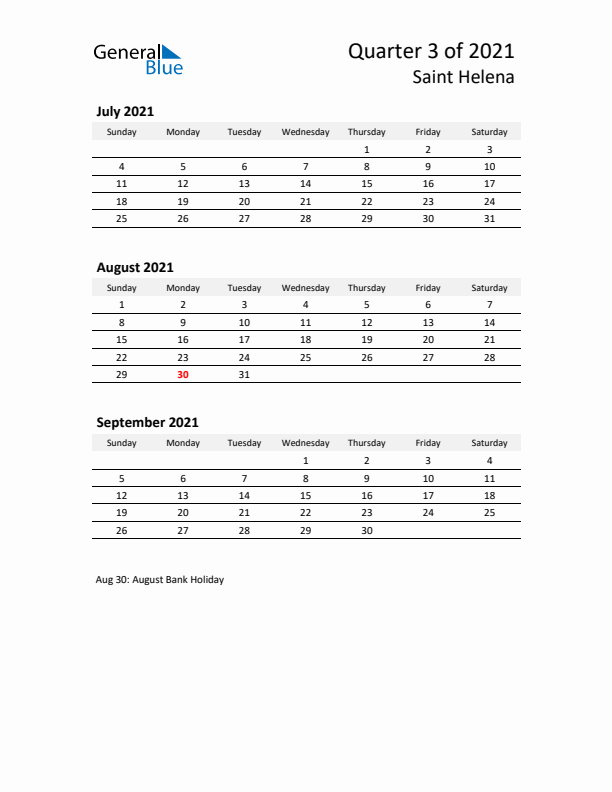 2021 Three-Month Calendar for Saint Helena