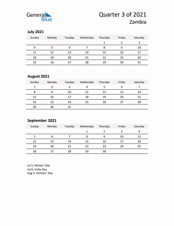 2021 Three-Month Calendar for Zambia