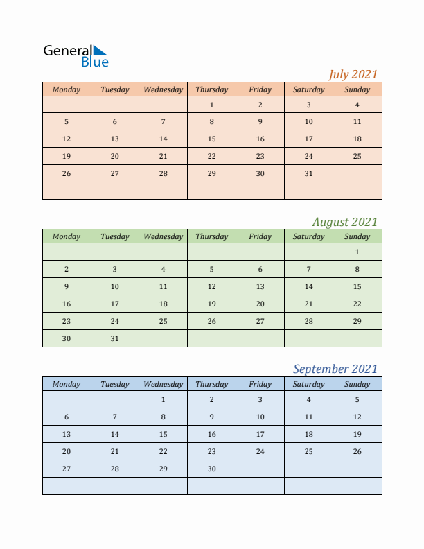 Three-Month Calendar for Year 2021 (July, August, and September)