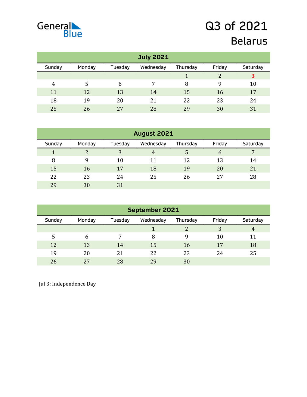  Quarterly Calendar 2021 with Belarus Holidays 