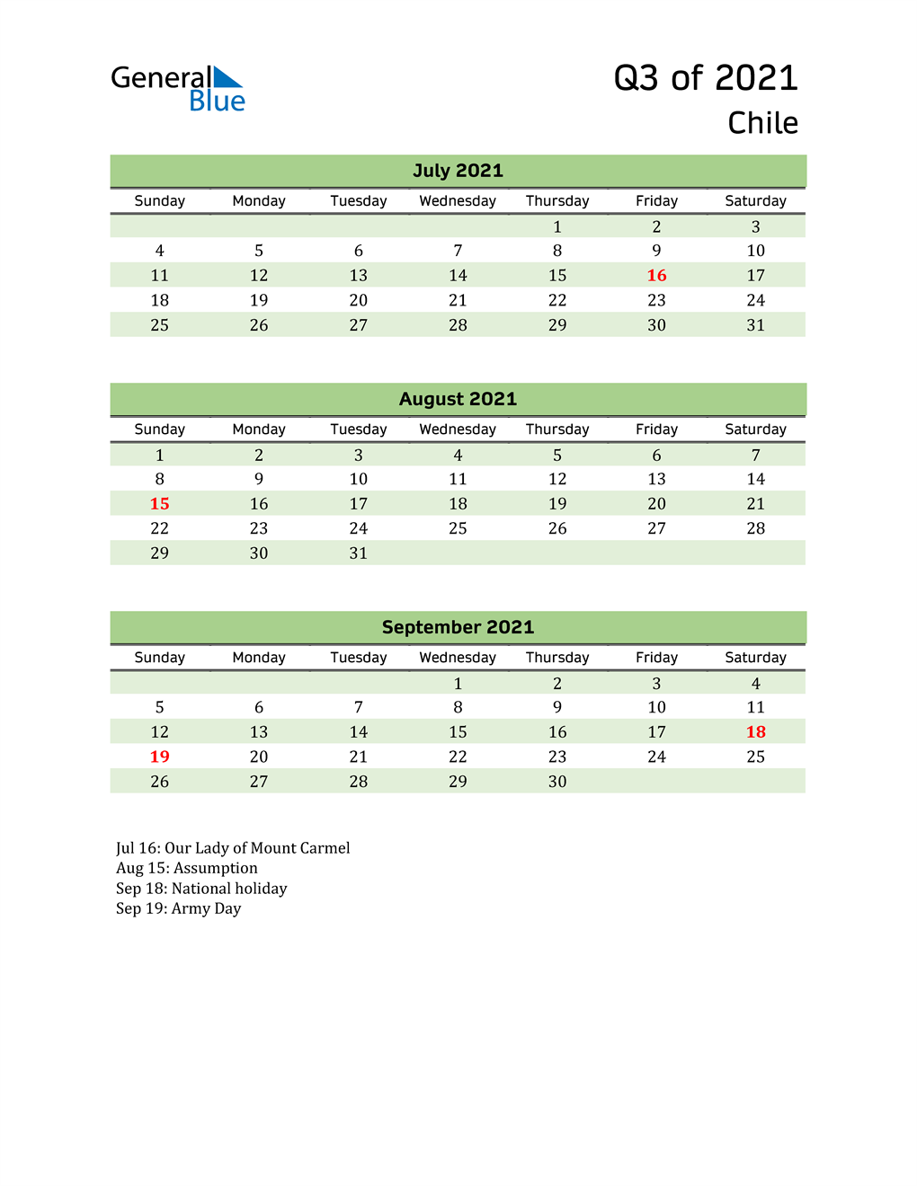  Quarterly Calendar 2021 with Chile Holidays 