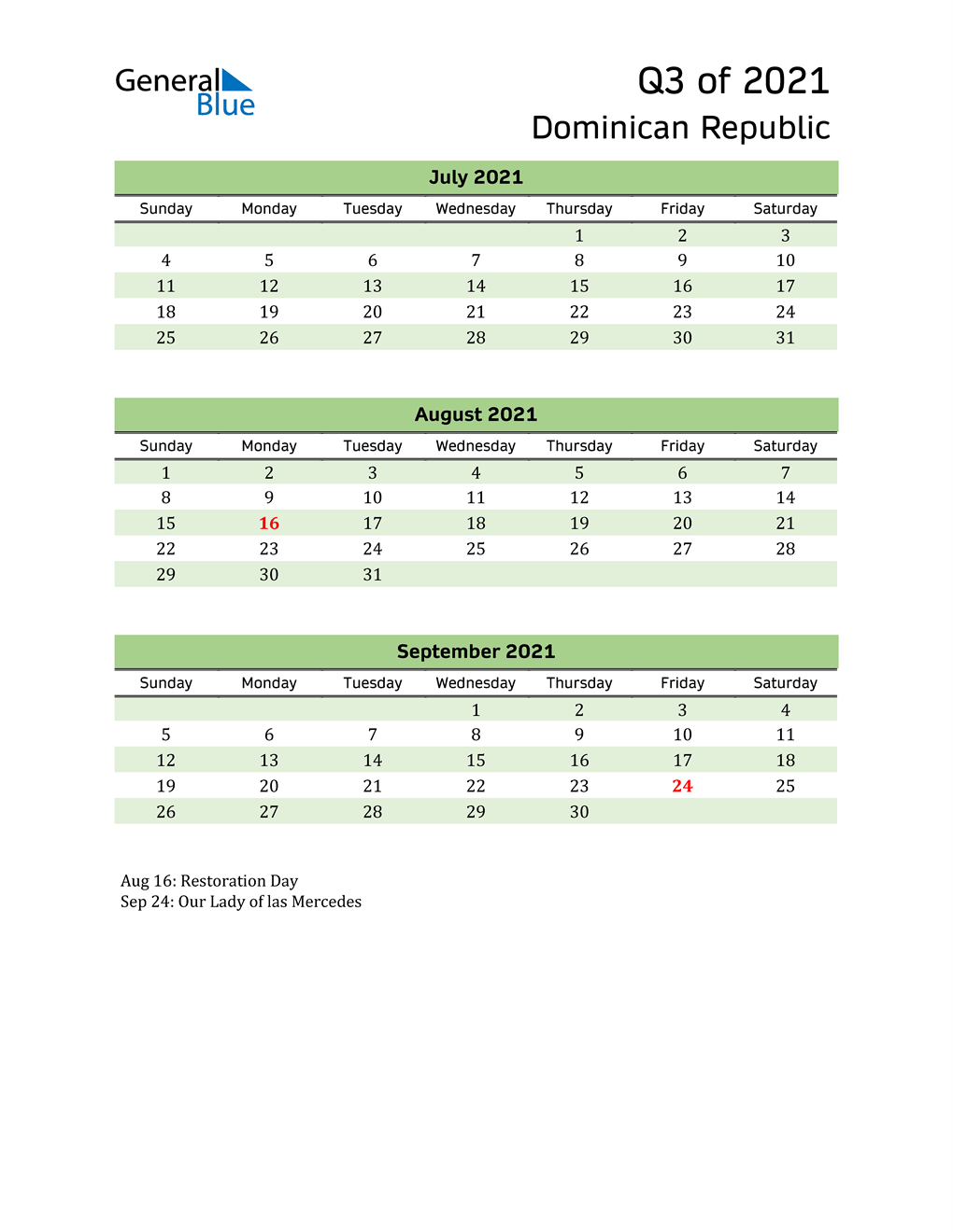  Quarterly Calendar 2021 with Dominican Republic Holidays 