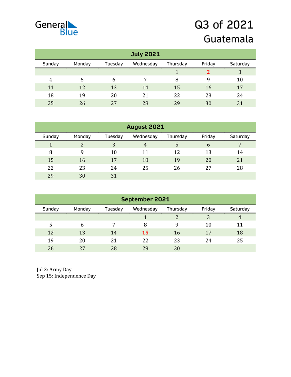  Quarterly Calendar 2021 with Guatemala Holidays 