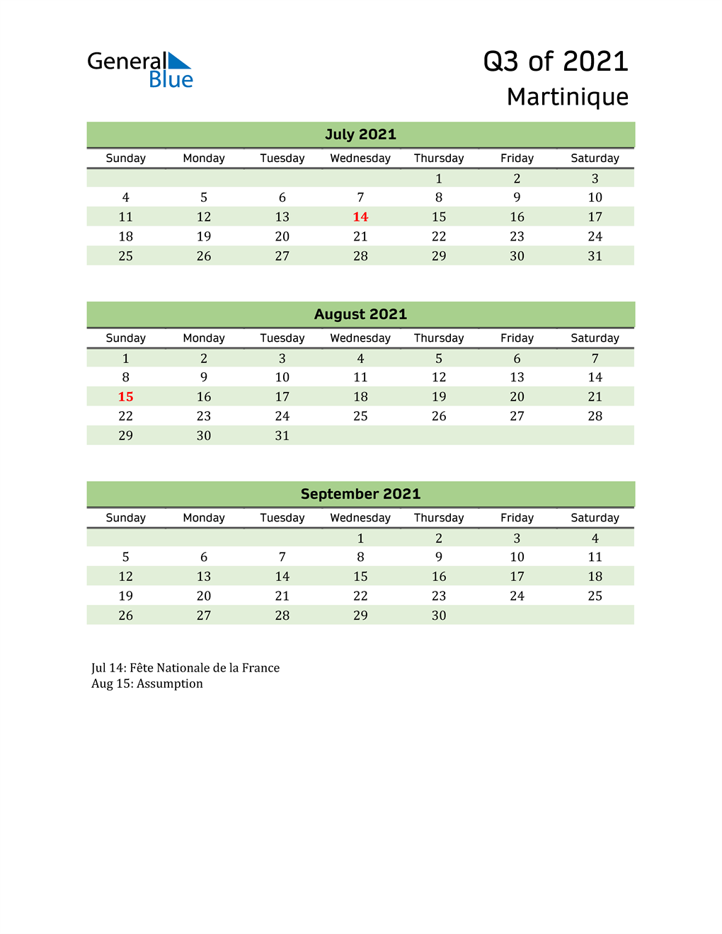  Quarterly Calendar 2021 with Martinique Holidays 