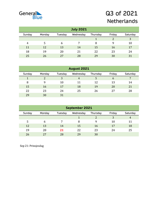  Quarterly Calendar 2021 with Netherlands Holidays 
