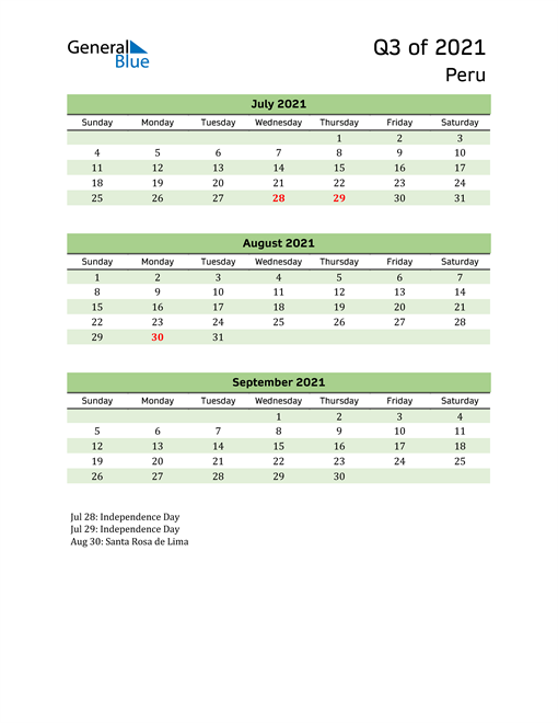  Quarterly Calendar 2021 with Peru Holidays 