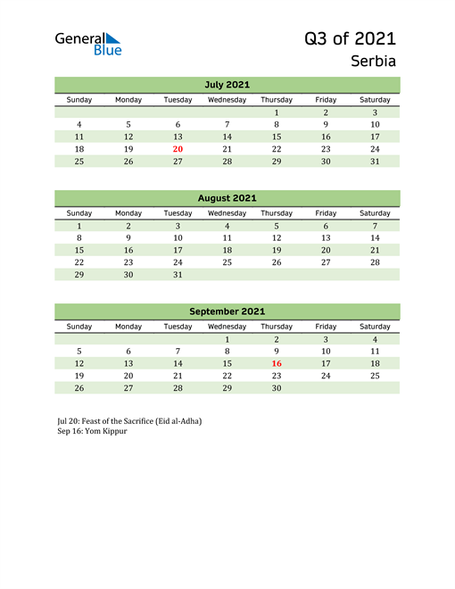  Quarterly Calendar 2021 with Serbia Holidays 
