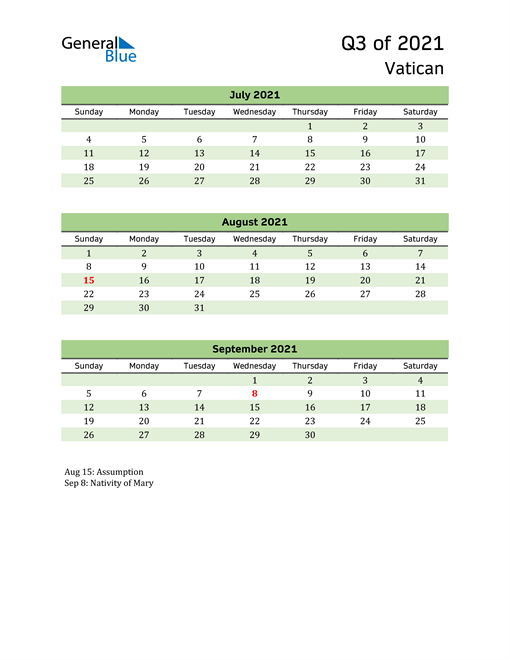  Quarterly Calendar 2021 with Vatican Holidays 