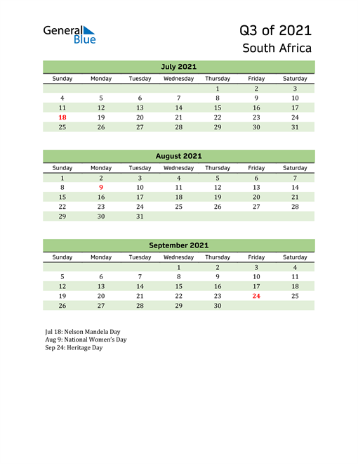  Quarterly Calendar 2021 with South Africa Holidays 