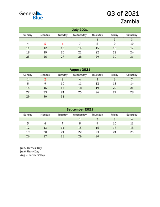  Quarterly Calendar 2021 with Zambia Holidays 