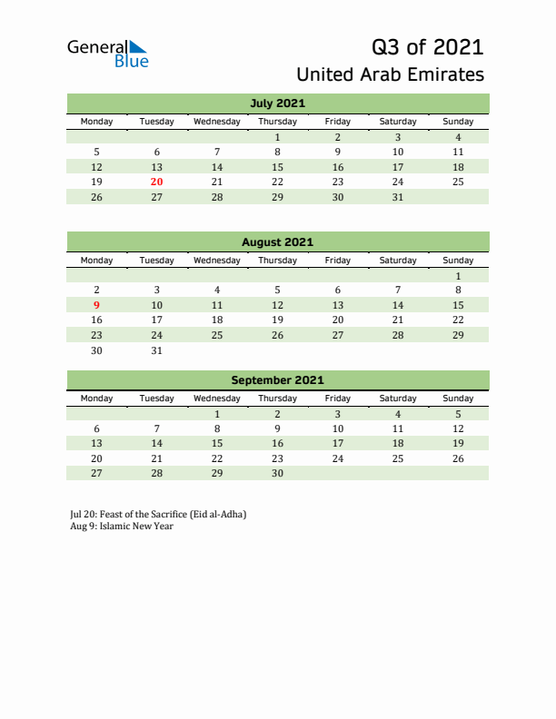 Quarterly Calendar 2021 with United Arab Emirates Holidays