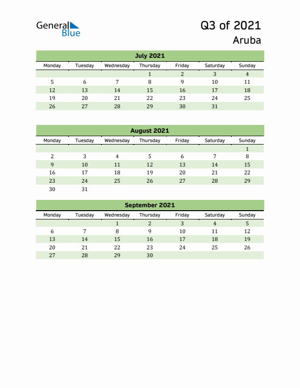 Quarterly Calendar 2021 with Aruba Holidays