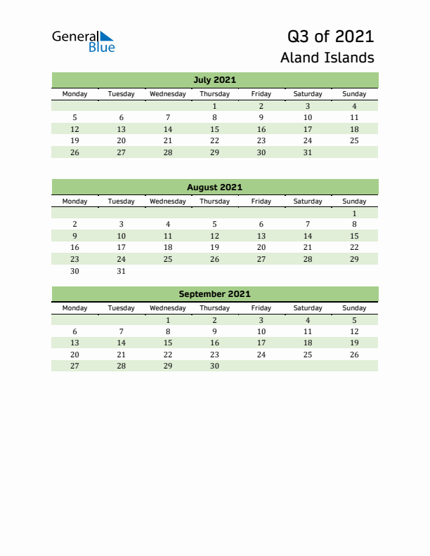 Quarterly Calendar 2021 with Aland Islands Holidays