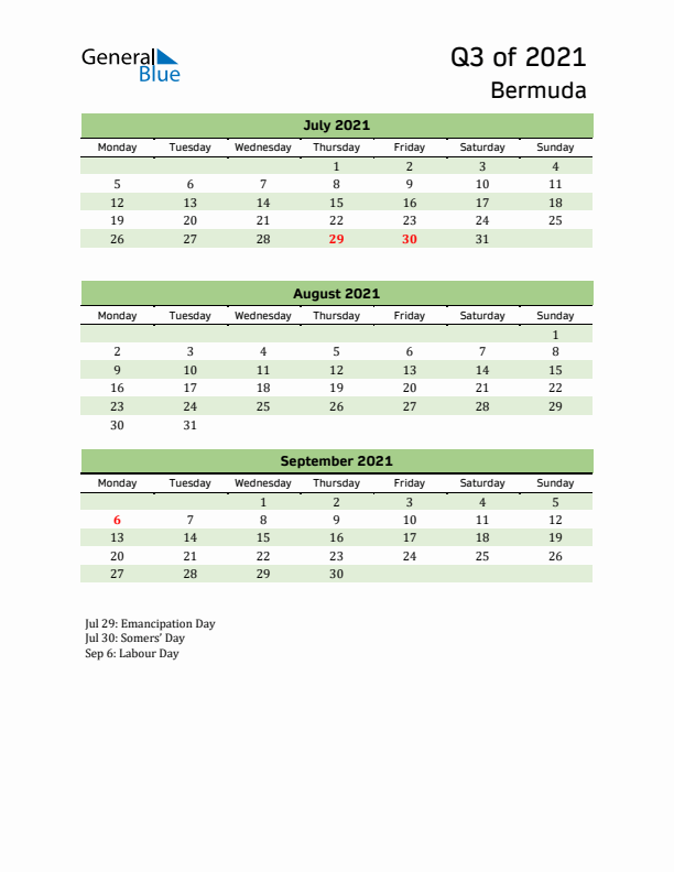Quarterly Calendar 2021 with Bermuda Holidays
