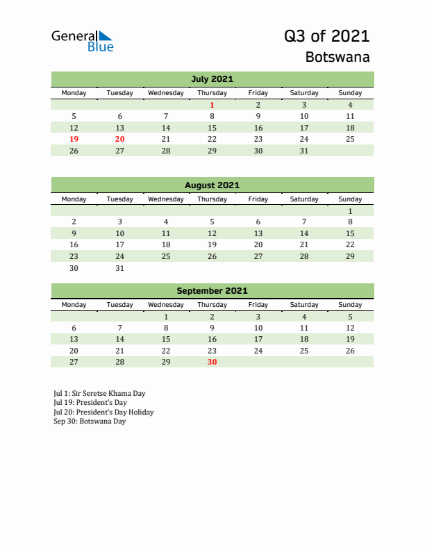 Quarterly Calendar 2021 with Botswana Holidays