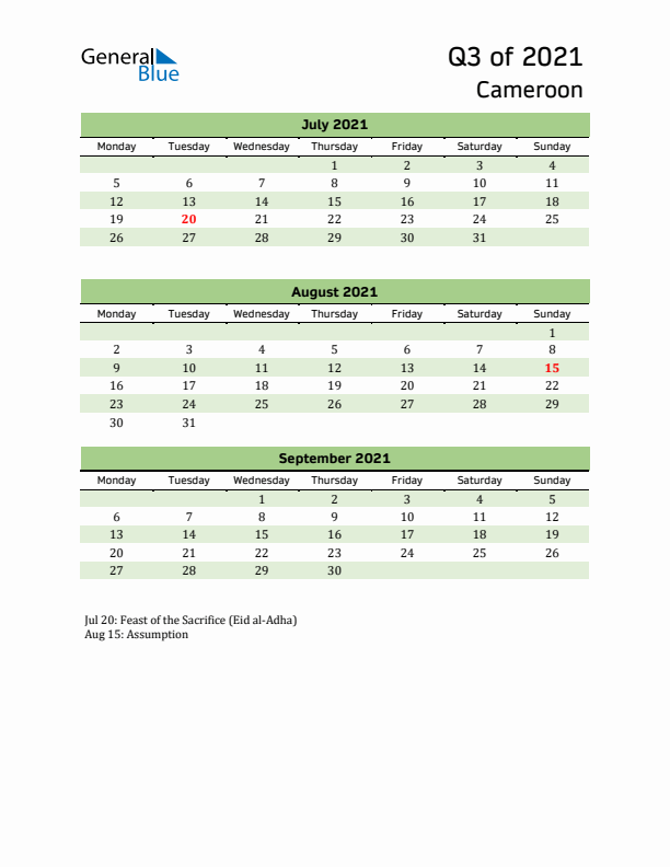 Quarterly Calendar 2021 with Cameroon Holidays