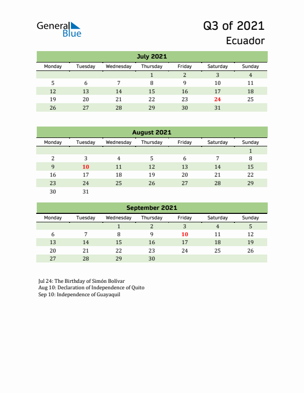 Quarterly Calendar 2021 with Ecuador Holidays