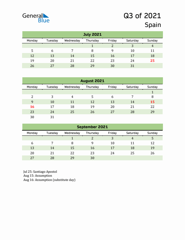 Quarterly Calendar 2021 with Spain Holidays