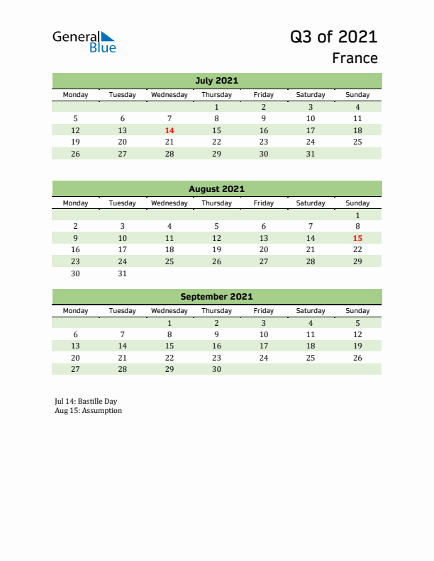 Quarterly Calendar 2021 with France Holidays
