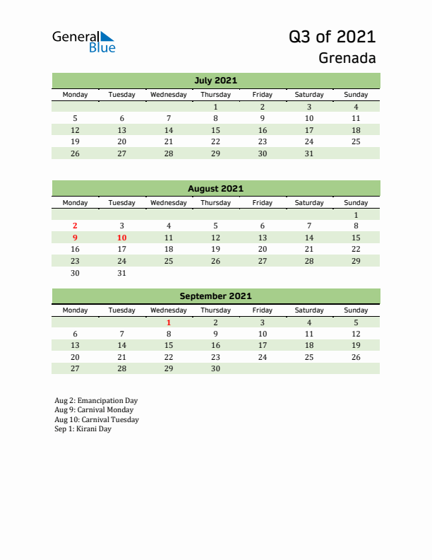 Quarterly Calendar 2021 with Grenada Holidays