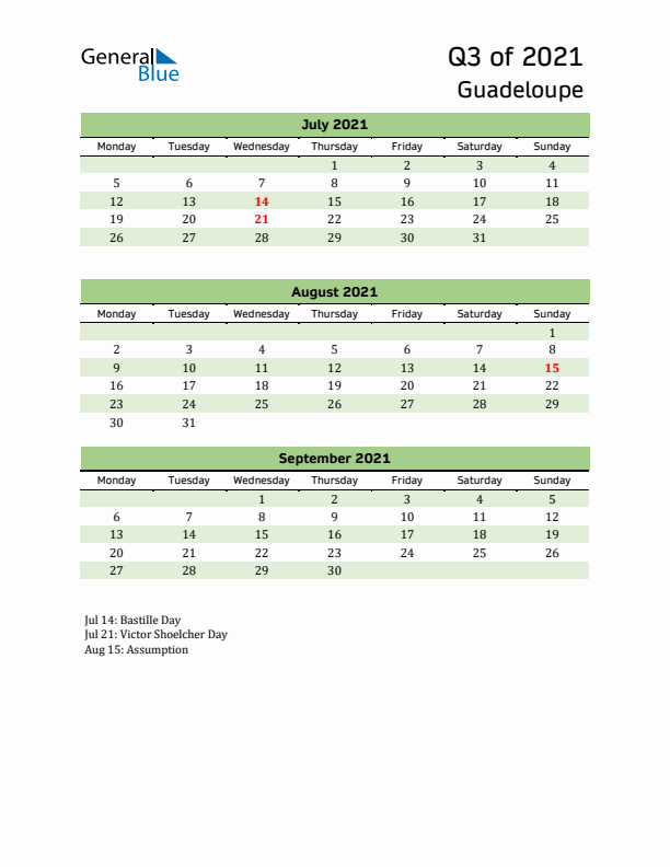 Quarterly Calendar 2021 with Guadeloupe Holidays