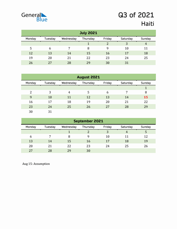 Quarterly Calendar 2021 with Haiti Holidays