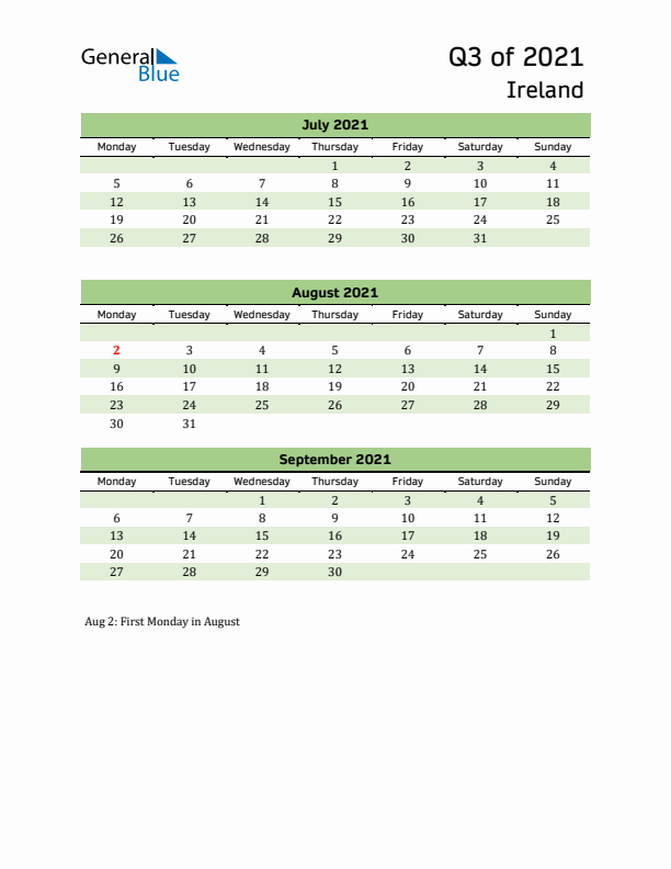 Quarterly Calendar 2021 with Ireland Holidays