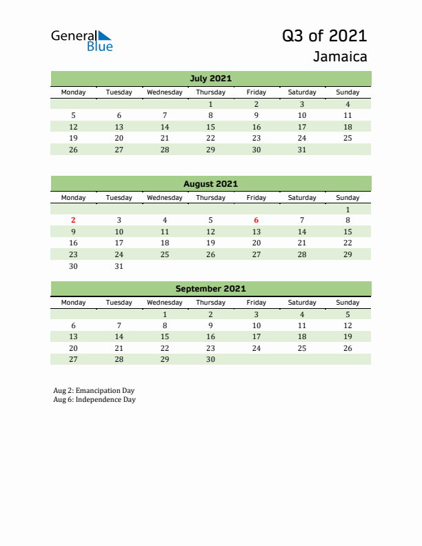 Quarterly Calendar 2021 with Jamaica Holidays