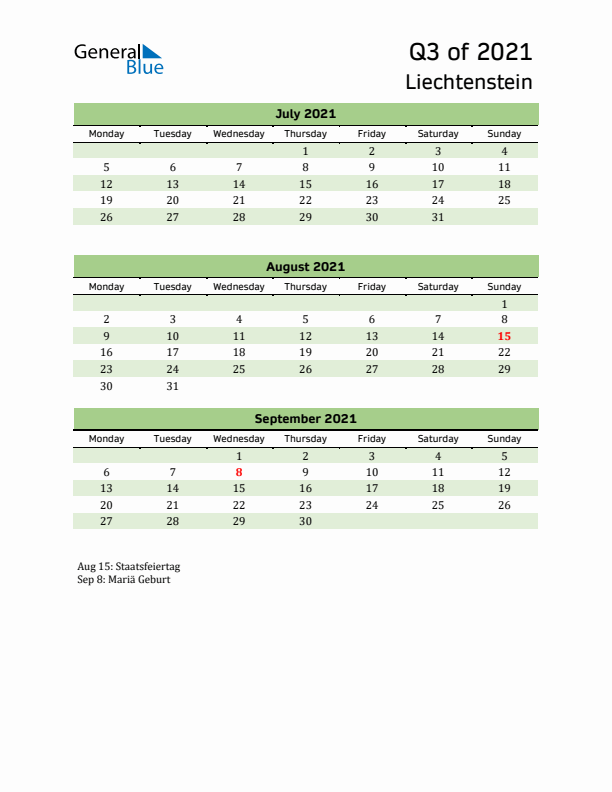 Quarterly Calendar 2021 with Liechtenstein Holidays