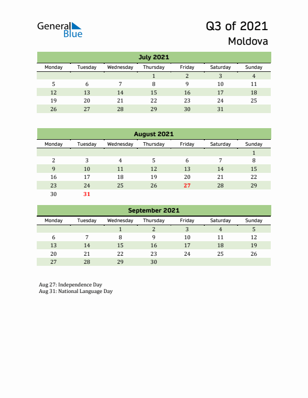 Quarterly Calendar 2021 with Moldova Holidays