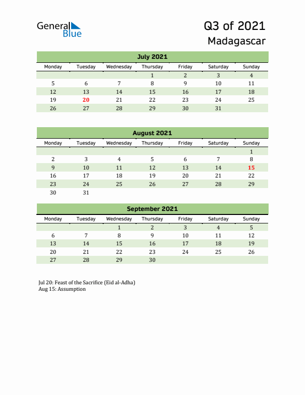 Quarterly Calendar 2021 with Madagascar Holidays