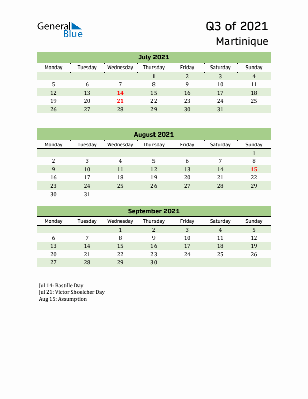 Quarterly Calendar 2021 with Martinique Holidays