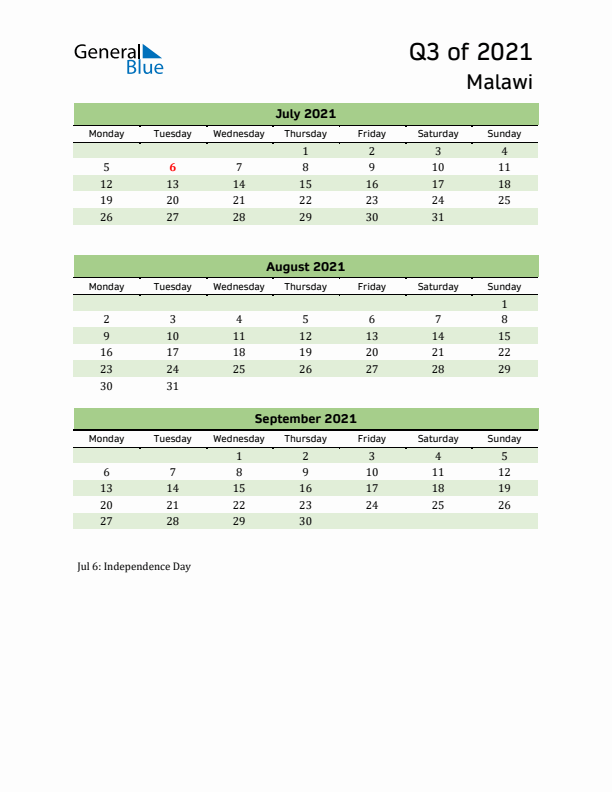 Quarterly Calendar 2021 with Malawi Holidays