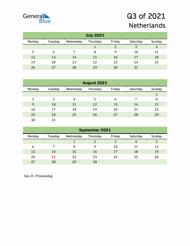 Quarterly Calendar 2021 with The Netherlands Holidays