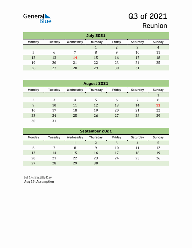 Quarterly Calendar 2021 with Reunion Holidays