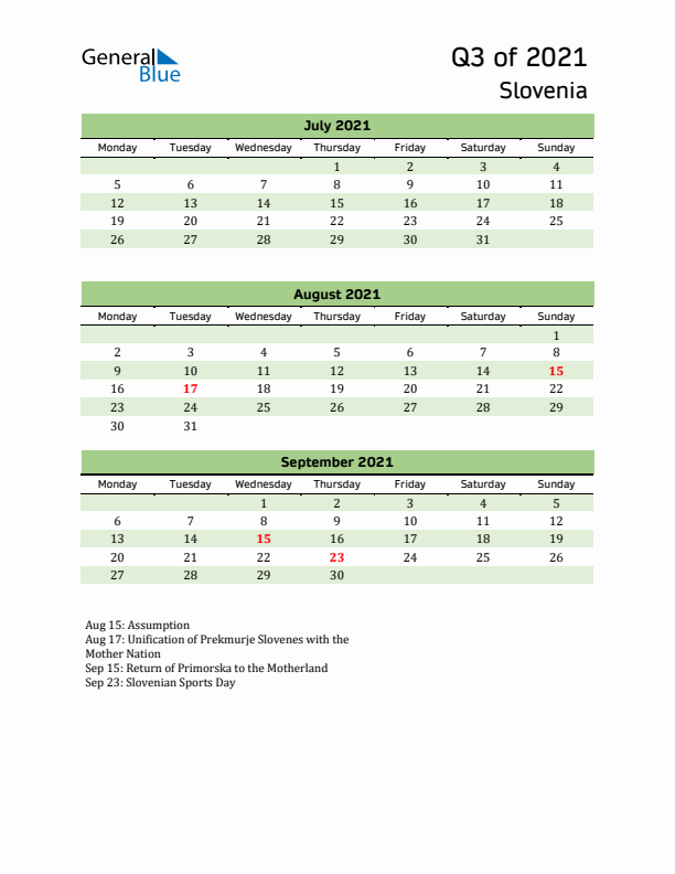 Quarterly Calendar 2021 with Slovenia Holidays