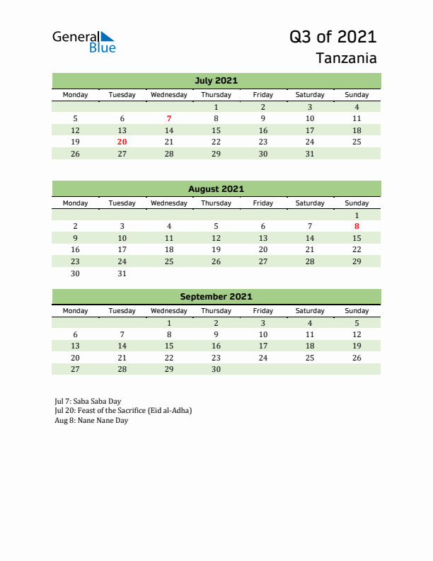 Quarterly Calendar 2021 with Tanzania Holidays