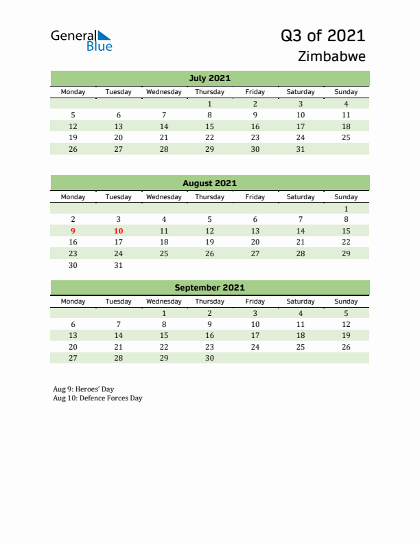 Quarterly Calendar 2021 with Zimbabwe Holidays