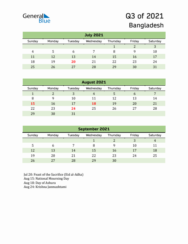 Quarterly Calendar 2021 with Bangladesh Holidays