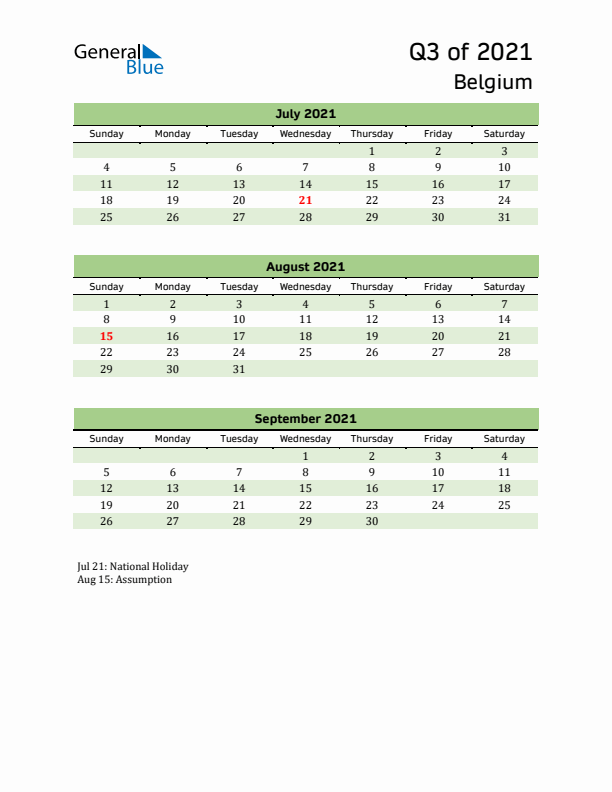 Quarterly Calendar 2021 with Belgium Holidays