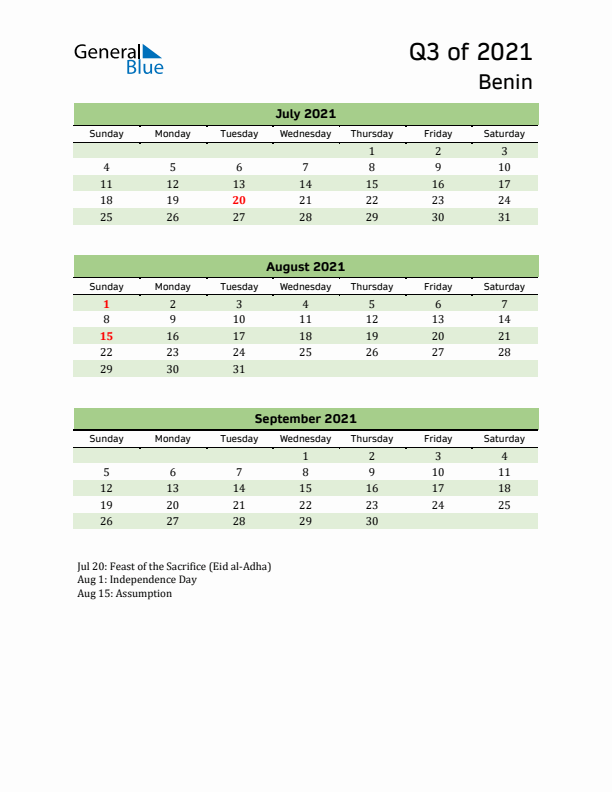 Quarterly Calendar 2021 with Benin Holidays
