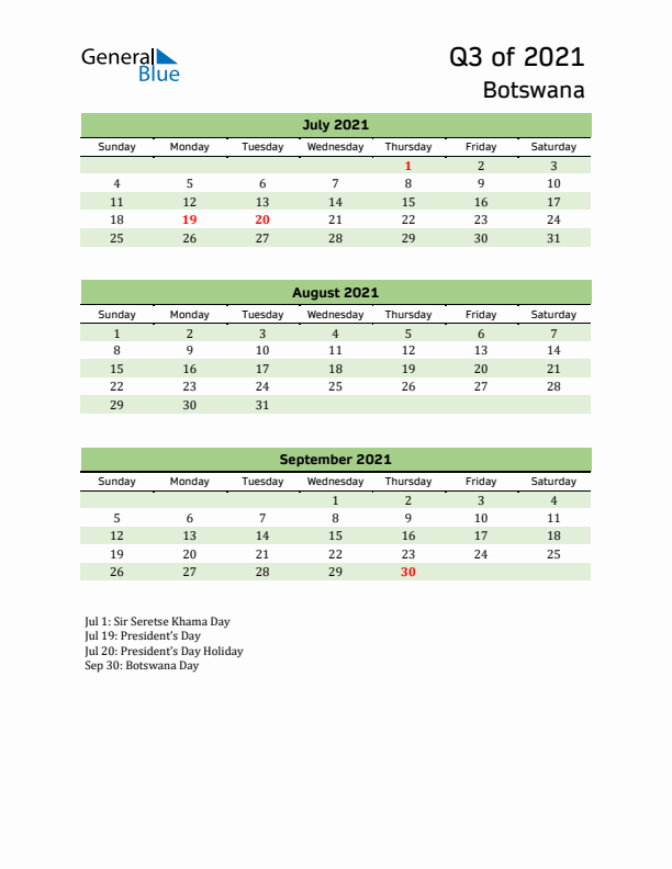 Quarterly Calendar 2021 with Botswana Holidays