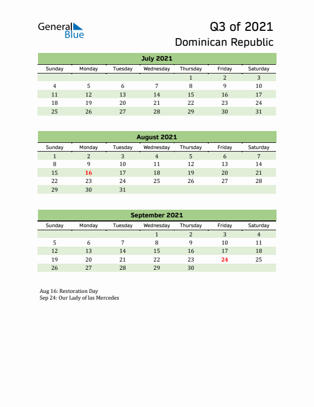 Quarterly Calendar 2021 with Dominican Republic Holidays