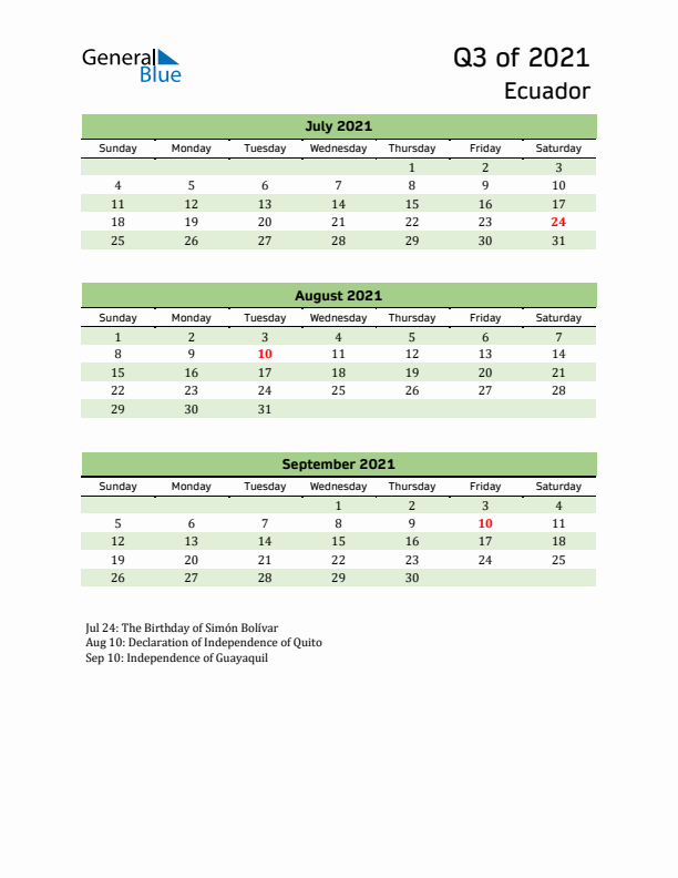 Quarterly Calendar 2021 with Ecuador Holidays