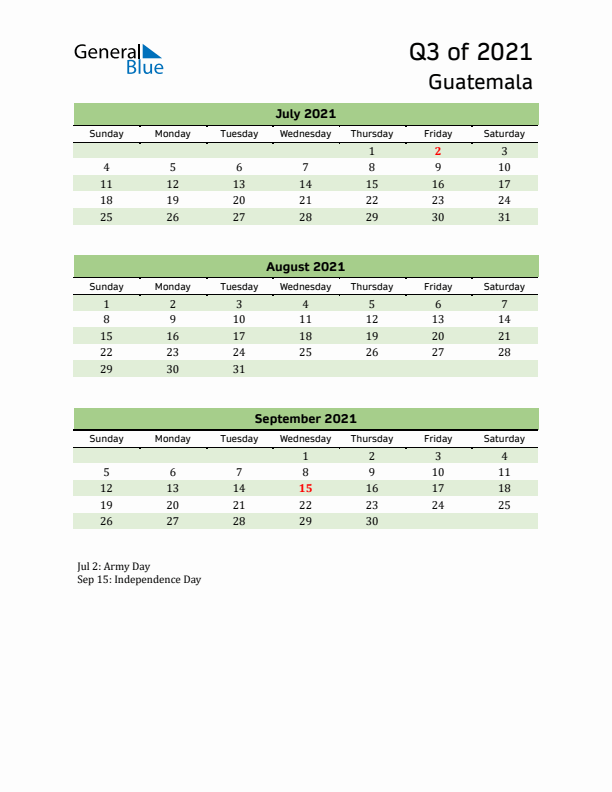 Quarterly Calendar 2021 with Guatemala Holidays