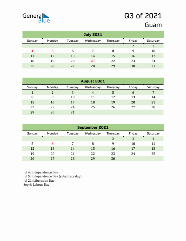 Quarterly Calendar 2021 with Guam Holidays